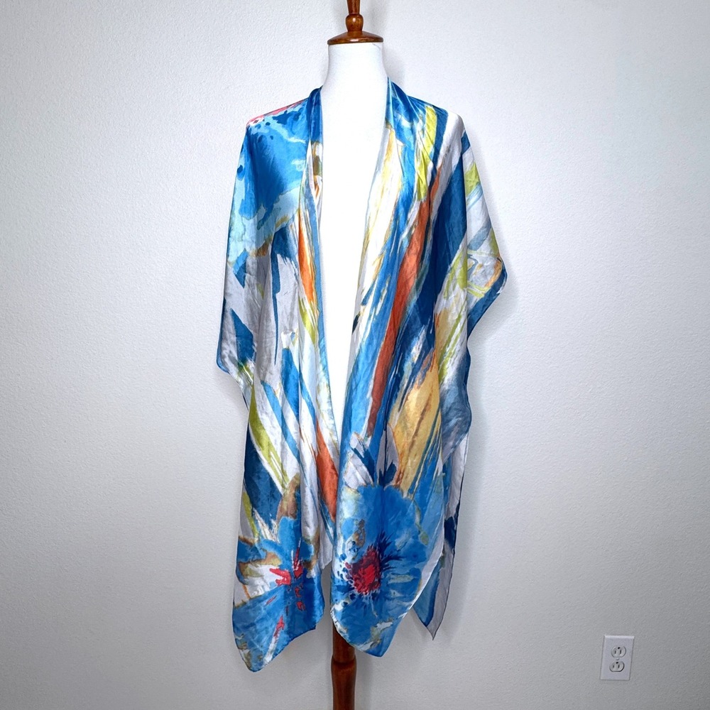 PRETTY PERSUASIONS Watercolor Open Front Kimono OS Blue Yellow Travel Ltwt